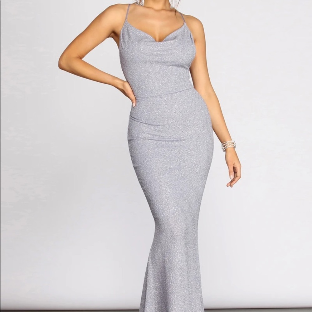 Windsor Gray Glitter Cowl Neck Gown
